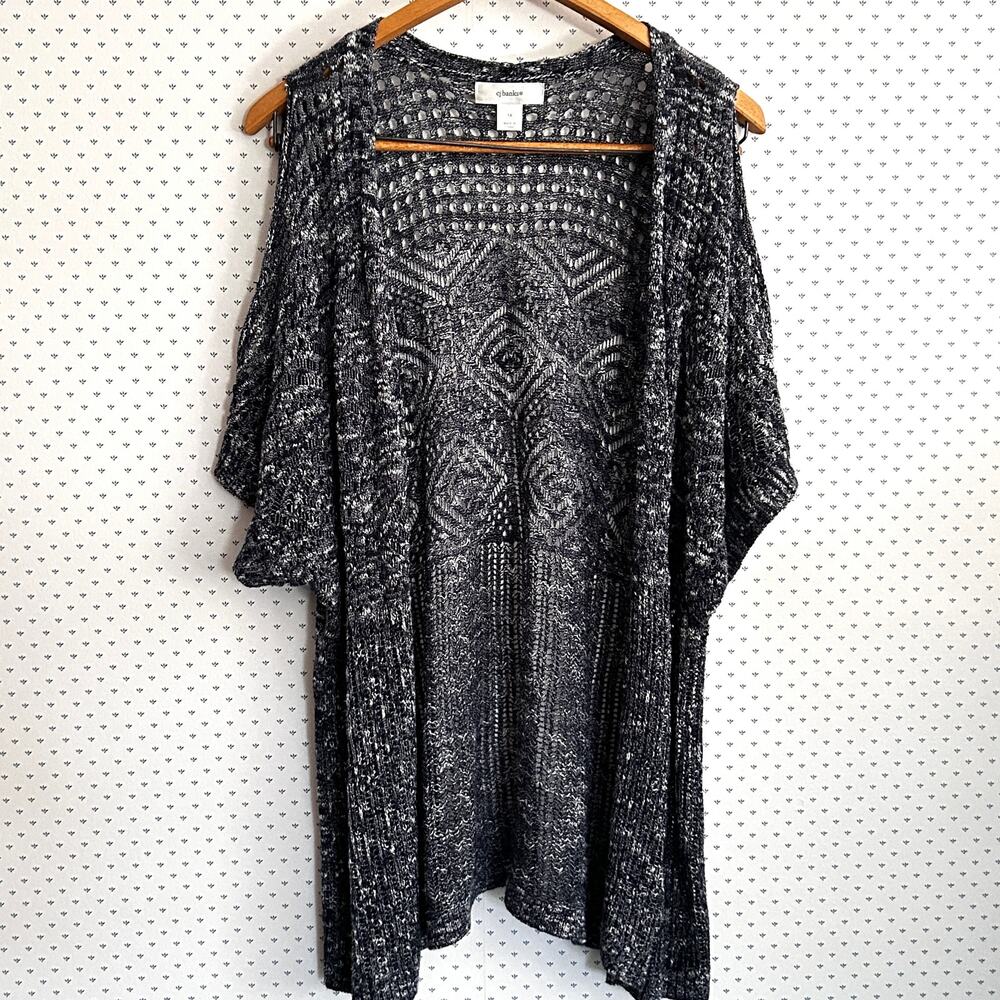 CJ Banks Crochet Duster Sweater 1X XL Navy Blue Open Knit Cardigan Long Cover Up